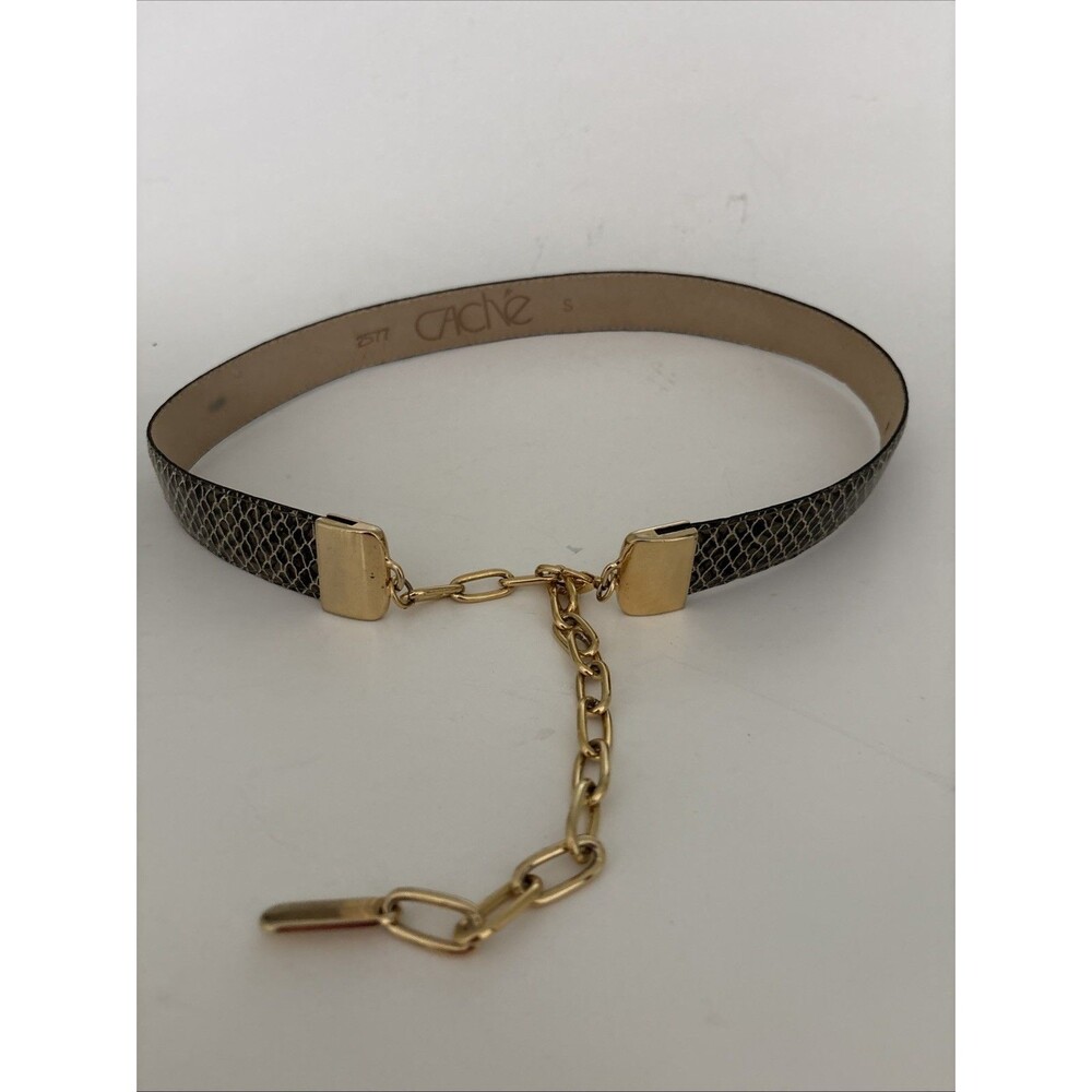 Cache Vintage Gold Tone Chain Leather Green Black Snake Skin Metallic Belt S